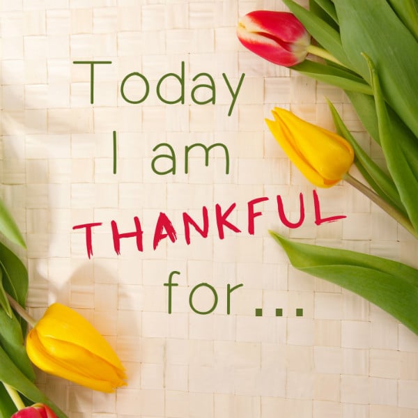 Inspirational thankful quote with yellow tulips and green leaves on a woven background.