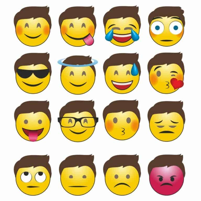 Collection of emoji faces expressing various emotions and feelings.