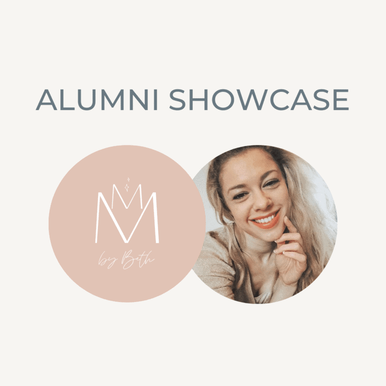 Alumni showcase featuring a smiling young woman and a logo for Raw Horizons.