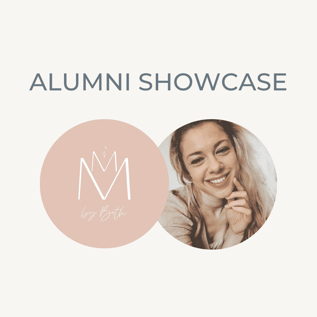 Alumni showcase featuring a smiling young woman and a logo for Raw Horizons.