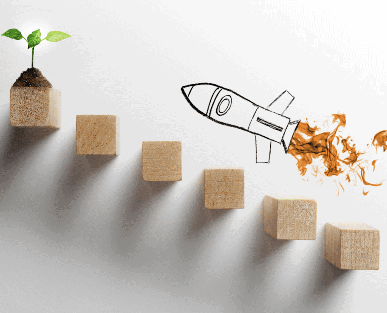 Rocket launching from wooden blocks symbolizing practical solutions for growth.