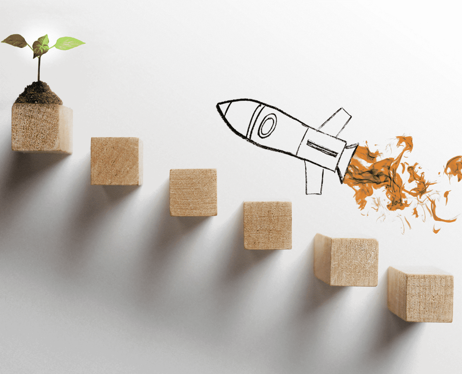 Rocket launching from wooden blocks symbolizing practical solutions for growth.