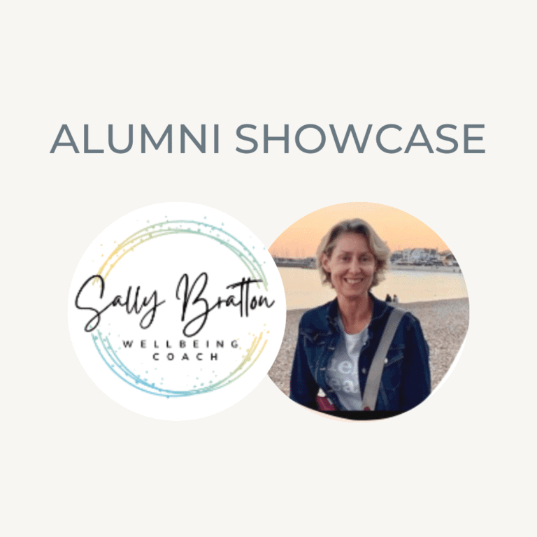 Alumni showcase featuring Sally Bratton, wellbeing coach, smiling outdoors by the water.