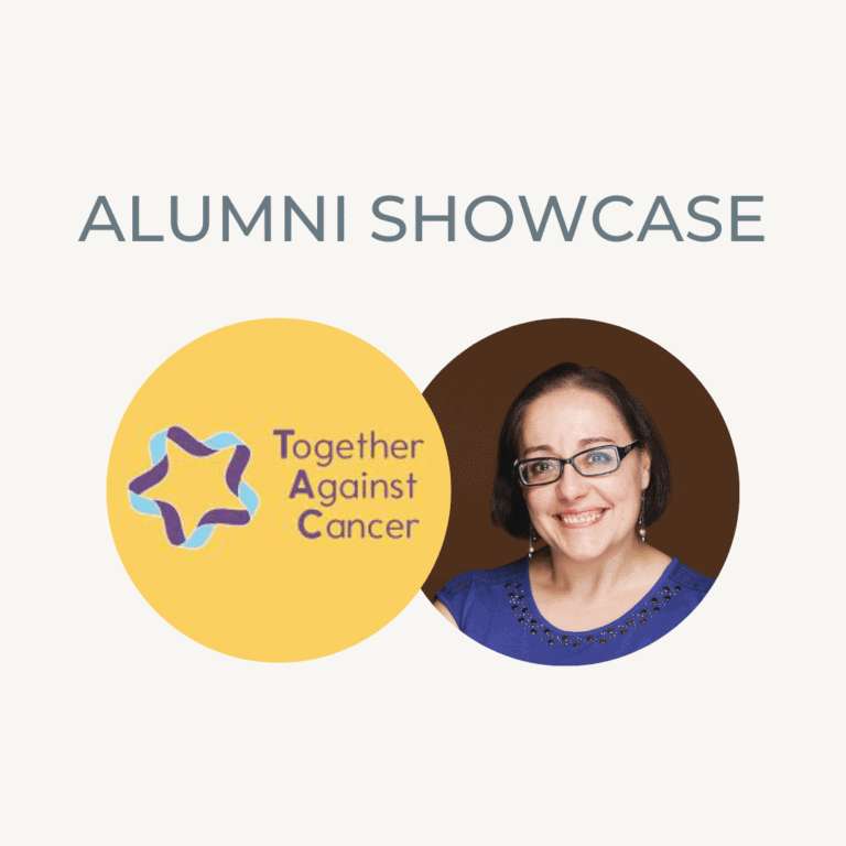 Alumni smiling woman with "Together Against Cancer" logo at Raw Horizons event.