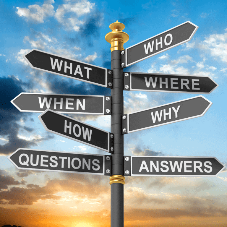 Signpost with questions like Who, What, When, Where, Why, How, Questions, Answers.
