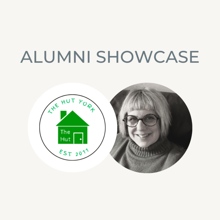Alumni showcase featuring a smiling woman with glasses and a logo of The Hut York.