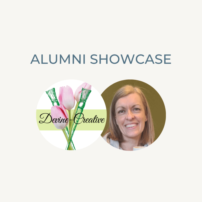 Devine Creative alumni showcase featuring a smiling woman and floral logo.