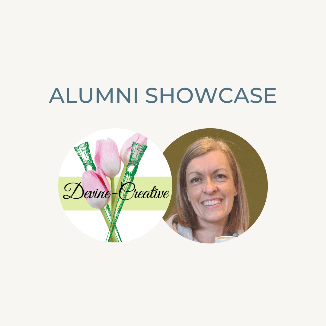 Devine Creative alumni showcase featuring a smiling woman and floral logo.