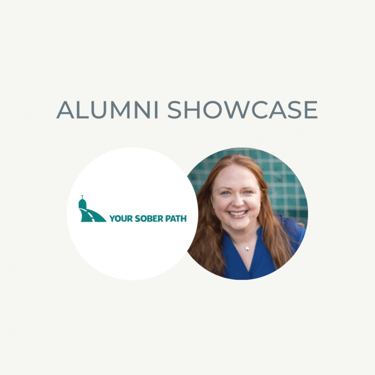 Alumni showcase featuring a smiling woman with red hair and blue blazer, promoting sober living and.