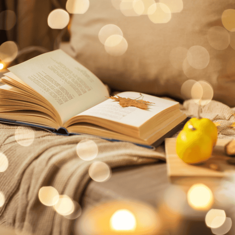 Open book on cozy blanket with warm lights, autumn leaf, and pear.