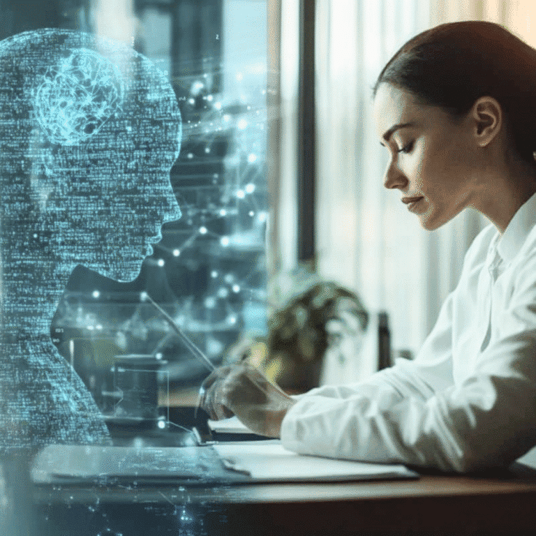 Digital human brain with AI and technology elements.