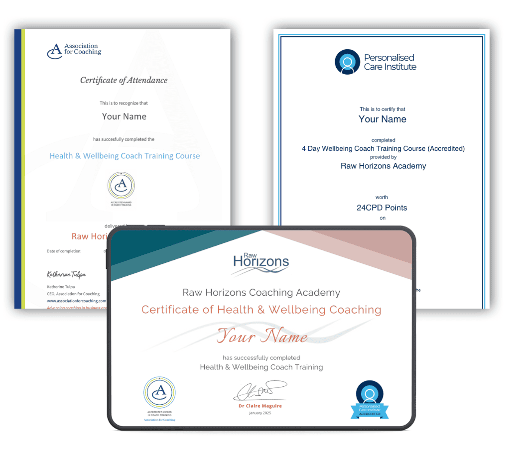 Your health and Wellbeing Coaching Certification from Raw Horizons Academy, Association for Coaching and the NHS endorsed Personalised Care Institute