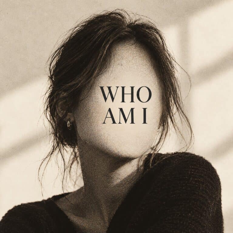 Grainy illustration of a faceless woman with the words 'Who Am I', representing identity, self-discovery and personal change.