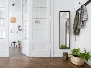 Stylish entryway with coat hooks, mirror, and green plants in a bright home.