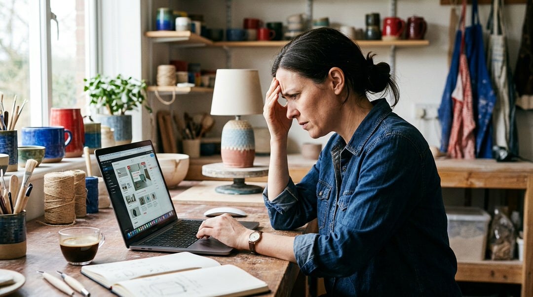 Frustrated woman struggling with website issues on her laptop.