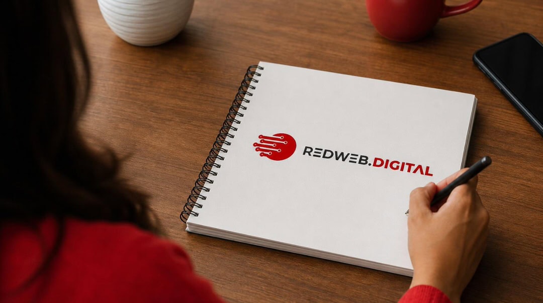 RedWeb.Digital logo on a notebook with a person holding a pen.