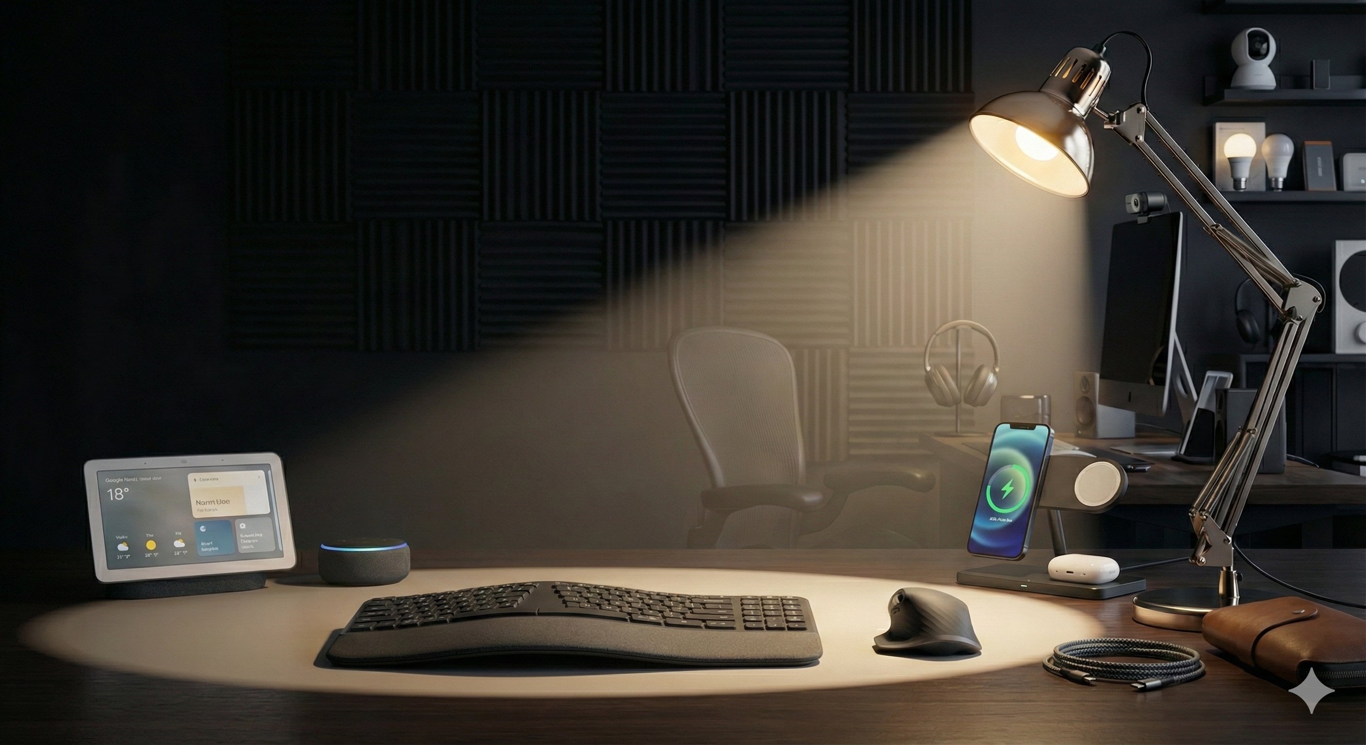 Remote work desk setup with keyboard, lighting, and productivity tools