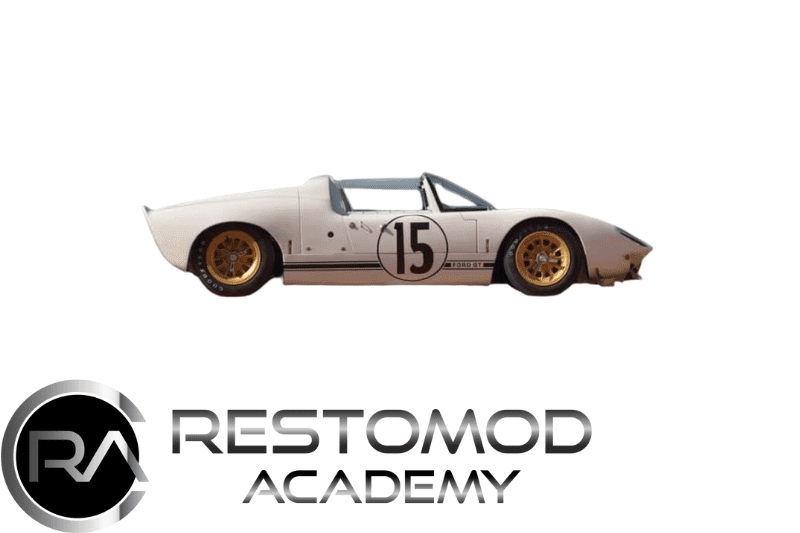 A modern classic race car with a vintage design, featuring gold wheels and a white body.