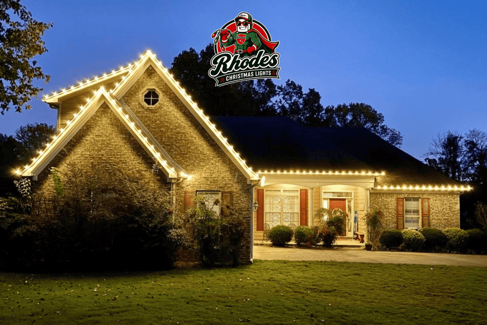 House decorated with warm white Christmas lights at night.