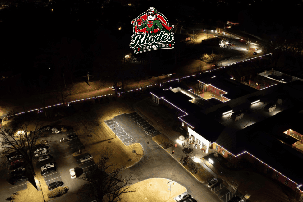 Aerial night view of Rhodes Christmas Lights with festive decorations.
