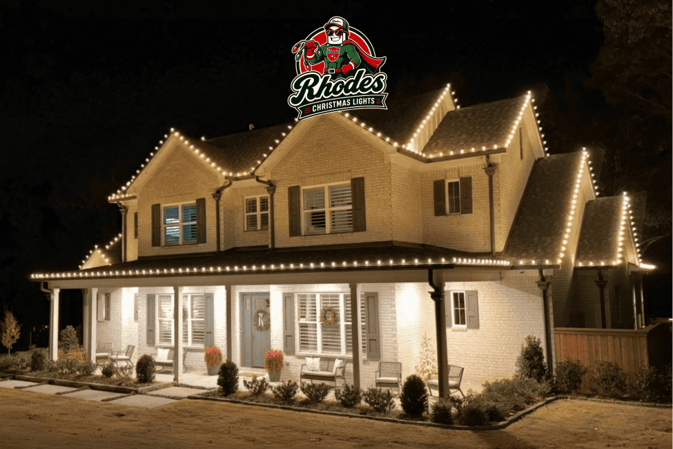 Beautiful house decorated with warm white Christmas lights at night.