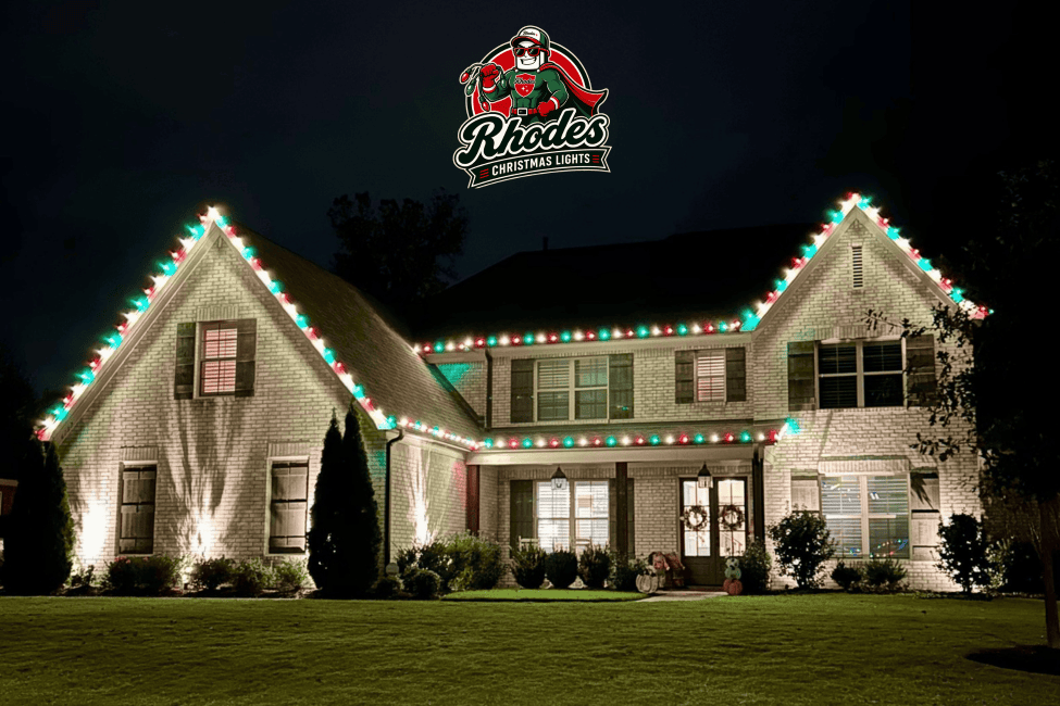 House decorated with colorful Christmas lights for holiday season.