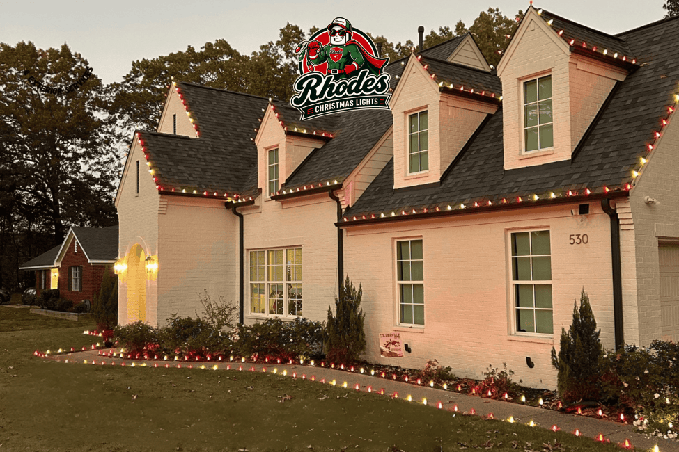 House decorated with colorful Christmas lights for Rhodes Christmas Lights event.