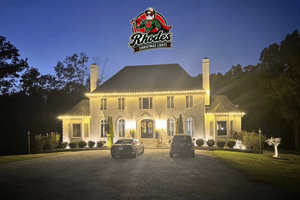 Beautifully lit house decorated with Christmas lights for Rhodes Christmas Lights event.