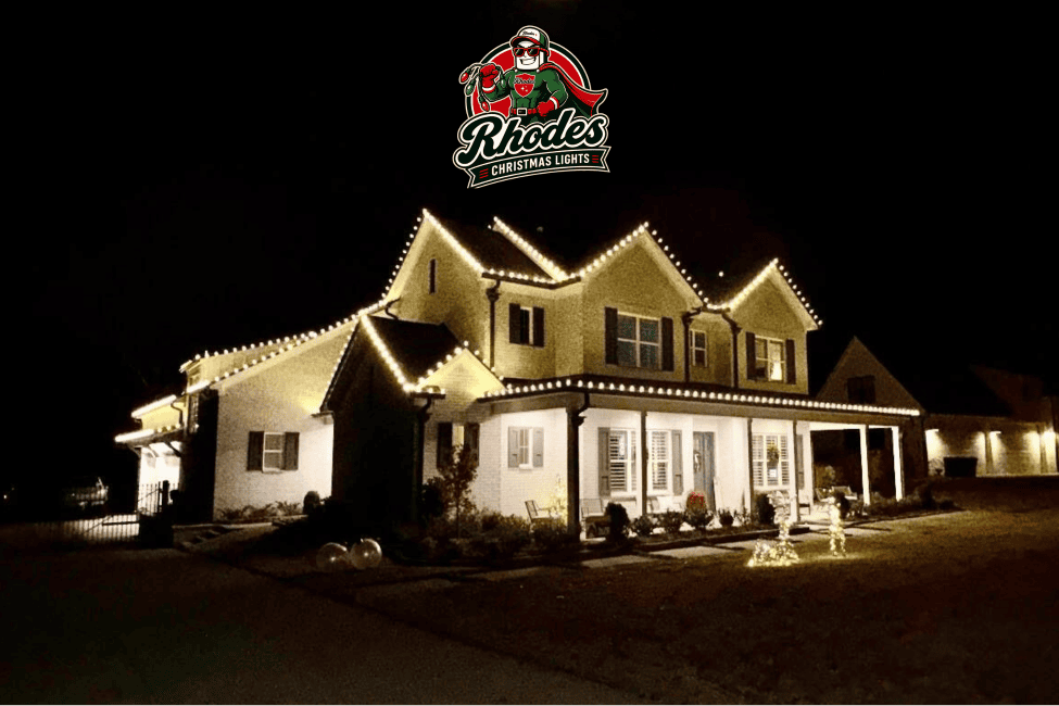 House decorated with bright Christmas lights for Rhodes Christmas Lights event.