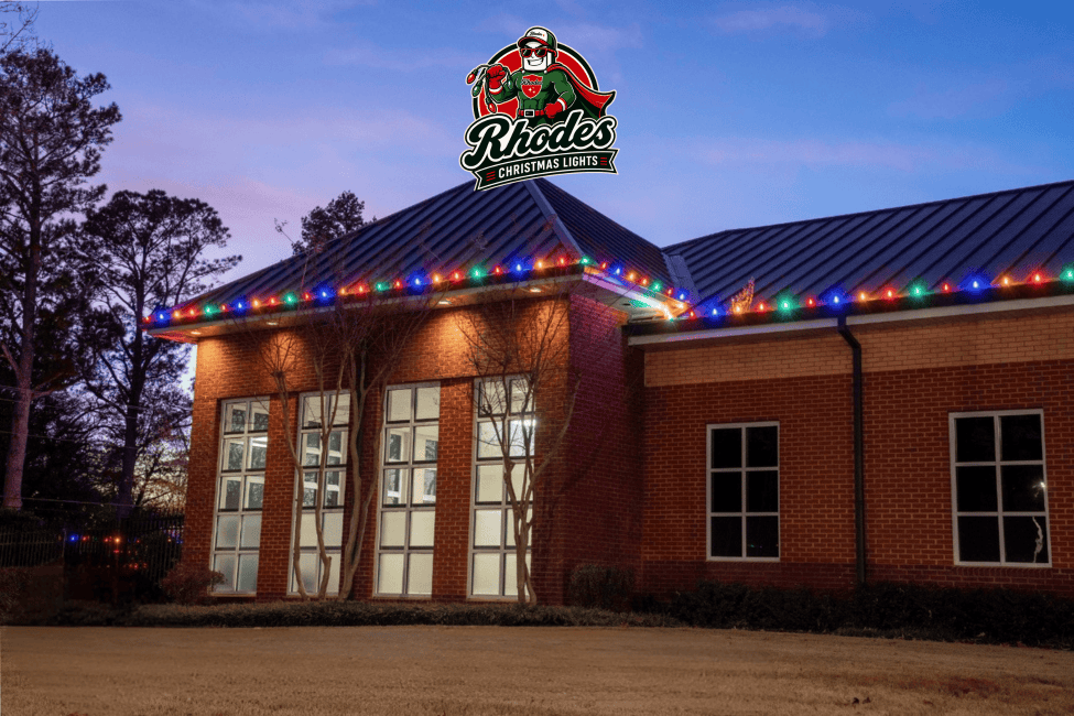 Colorful Christmas lights decorating a building at Rhodes Christmas Lights event.