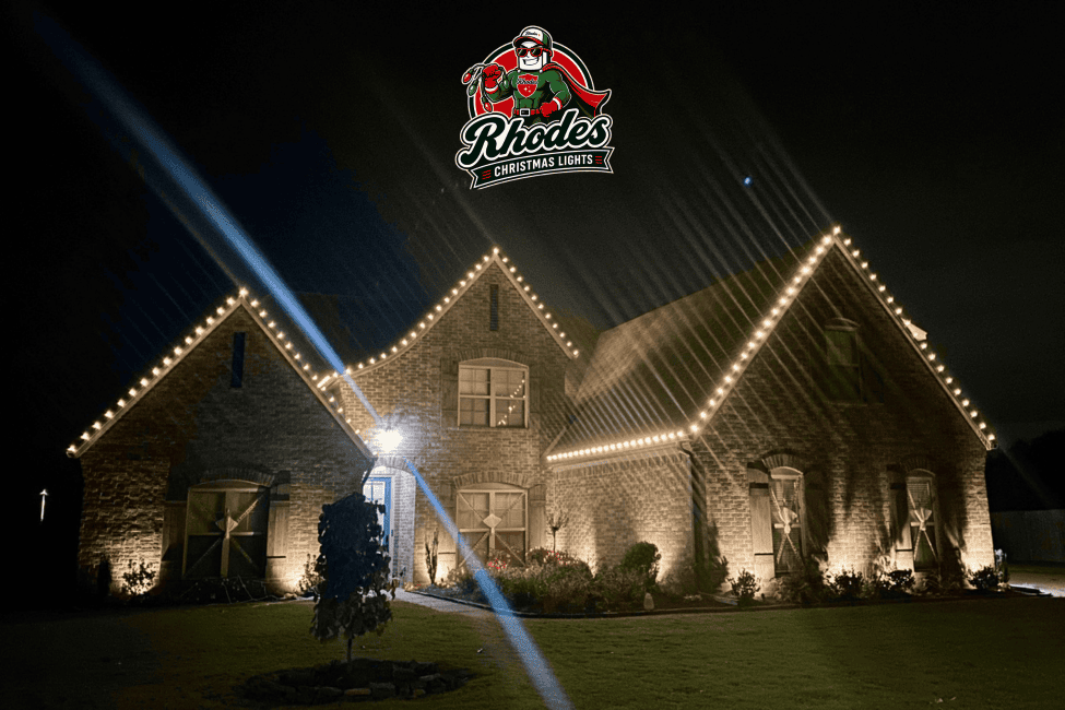 Beautiful house decorated with Christmas lights and festive illumination at night.