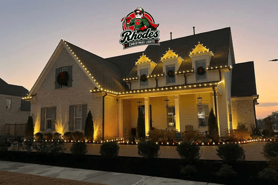 Beautifully decorated house with Christmas lights and wreaths for holiday season.