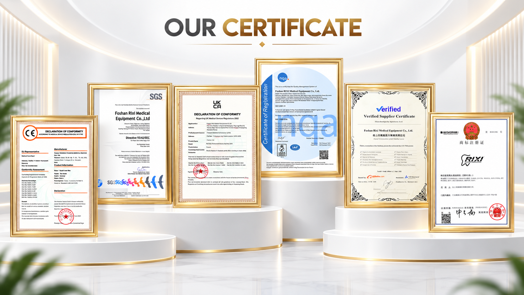 RIXI company-provided certificate display in gold frames on white presentation stands