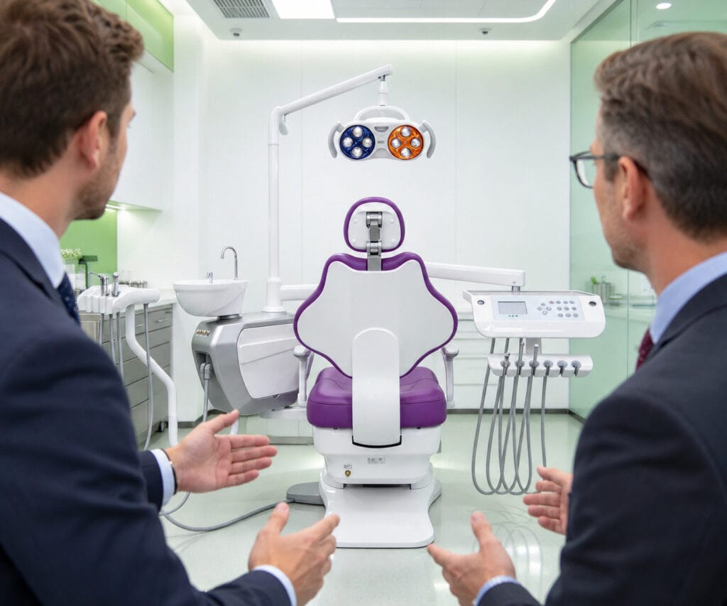 Two business visitors discussing a purple dental chair configuration in a showroom
