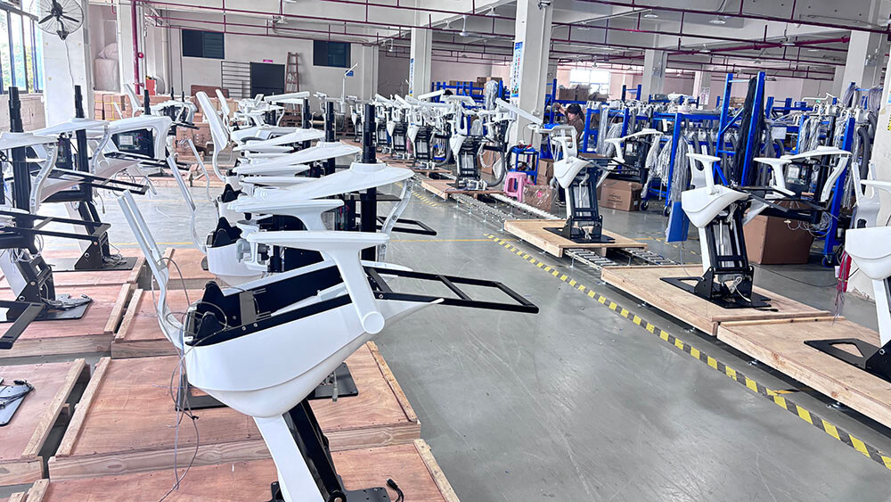 Dental chair frames arranged in the RIXI factory assembly workshop