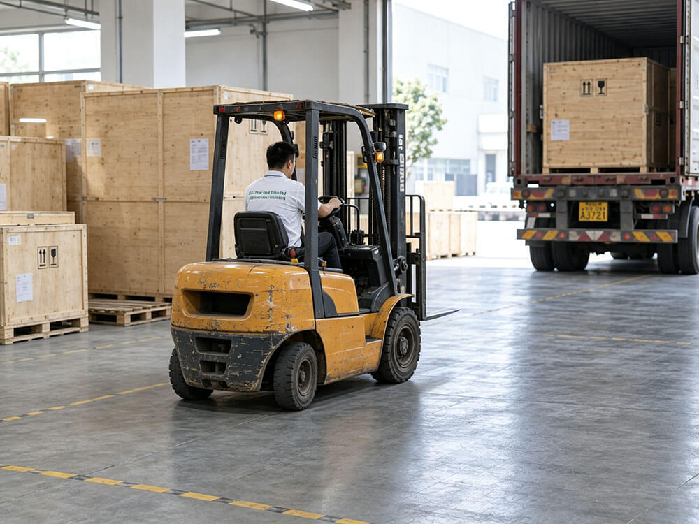 Forklift moving wooden equipment crates beside a shipping container at the RIXI factory