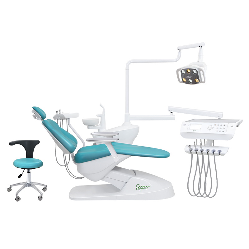 New RIXI R1 dental chair unit in turquoise and white, front three-quarter view with LED light and instrument delivery