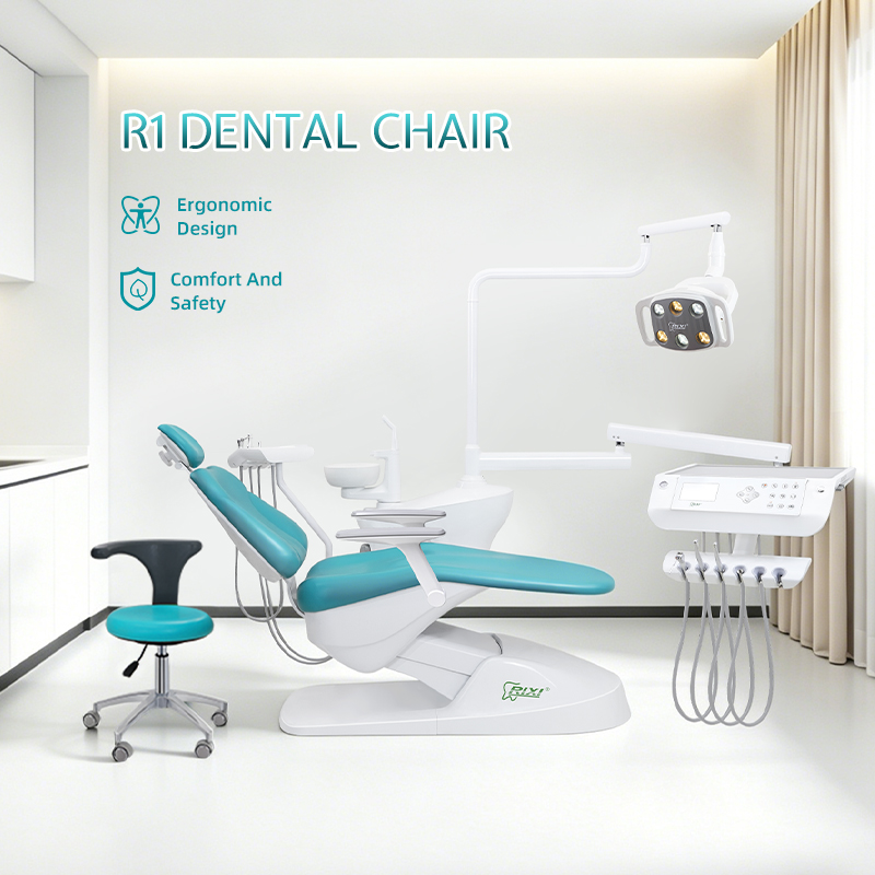 RIXI R1 product illustration with turquoise chair, delivery console, light and stool
