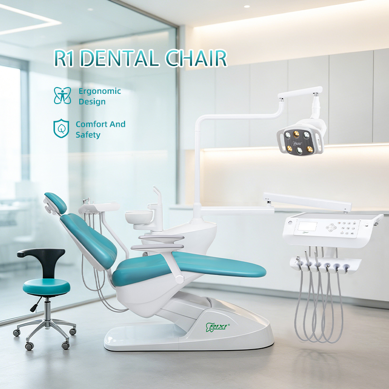 Side-view product illustration of a turquoise RIXI R1 chair with delivery console, light and stool