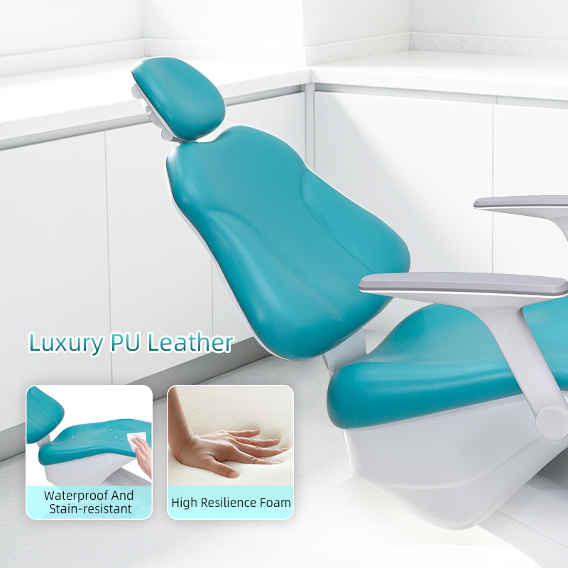 Close-up of turquoise RIXI R1 dental chair upholstery and headrest