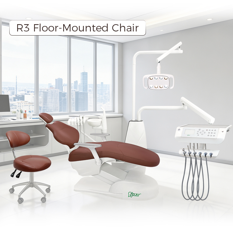 RIXI R3 floor-mounted dental chair with new armrests and floor delivery unit in a clinic setting
