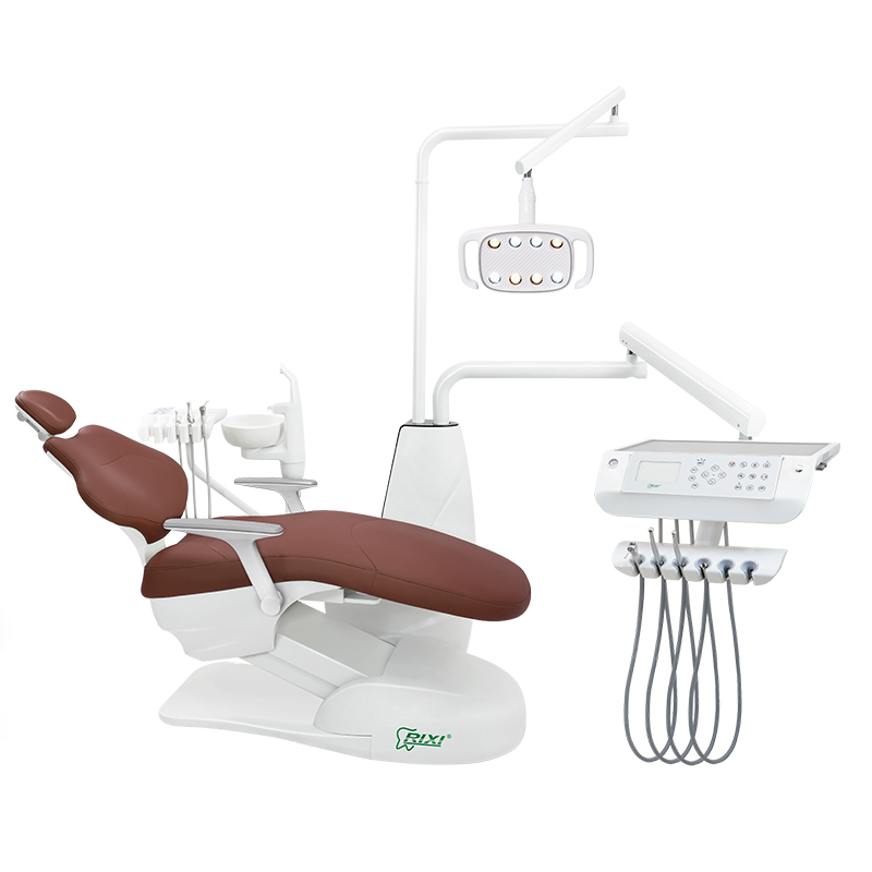 Side view of brown RIXI R3 floor-mounted dental chair with new armrests