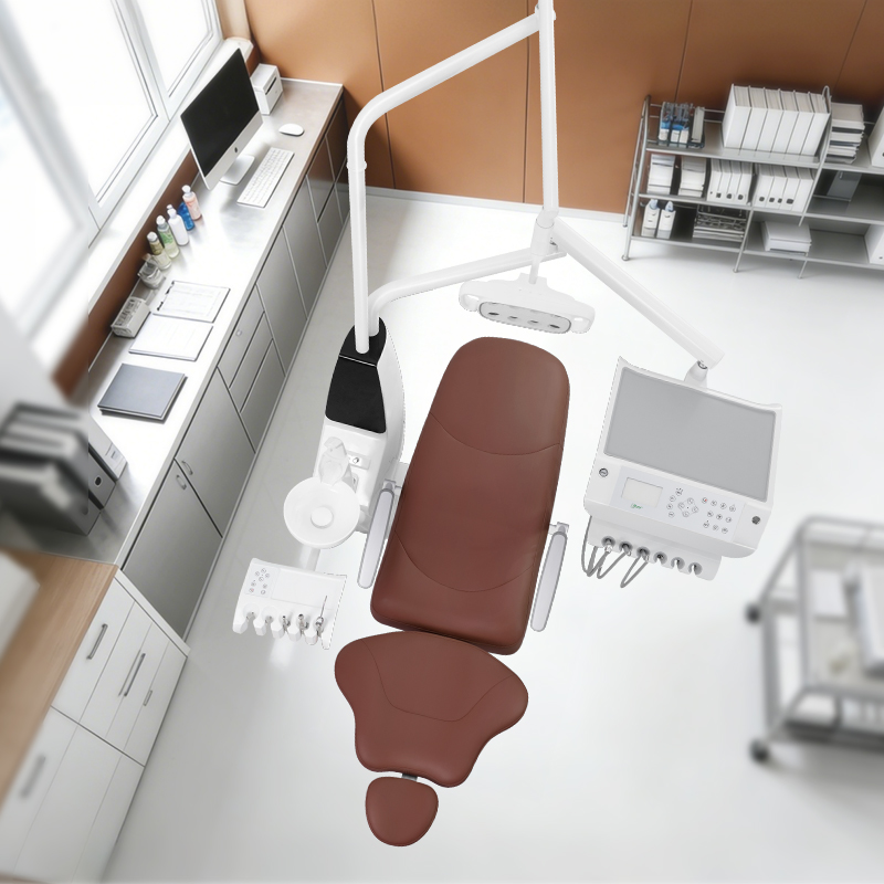 Overhead view of RIXI R3 floor-mounted dental chair, delivery console and assistant unit