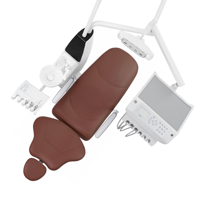 Angled overhead view of the RIXI R3 floor-mounted dental chair configuration