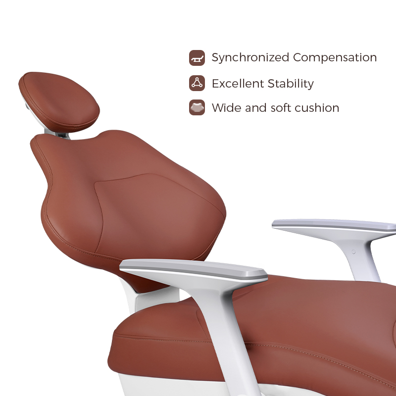 Close-up of the new R3 dental chair armrest and brown upholstery