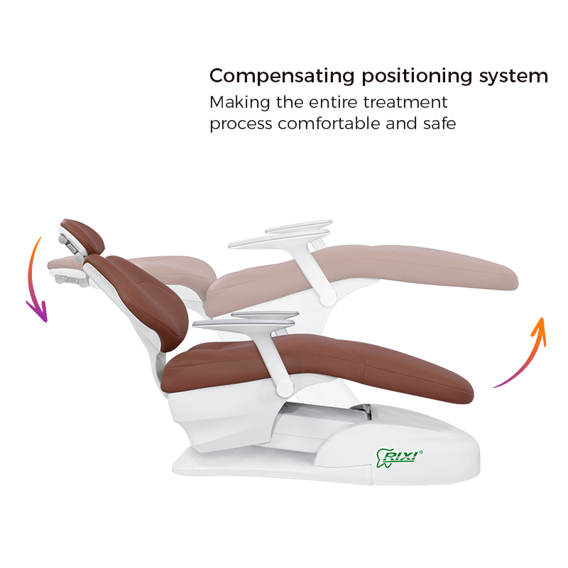 Side profile of RIXI R3 floor-mounted dental chair in raised and reclined positions