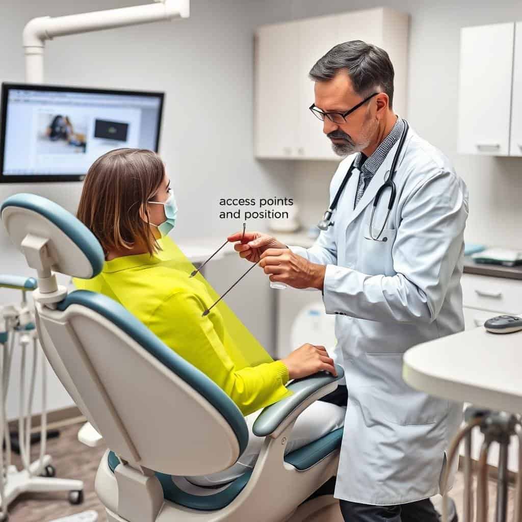 Dentist evaluating ergonomic features of a dental chair