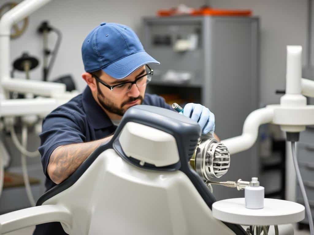 Technician servicing hydraulic system of dental chair