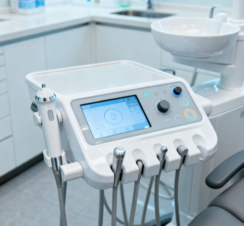 Close-up of the digital touch-screen controls on a high-tech dental chair, showing programmable settings.