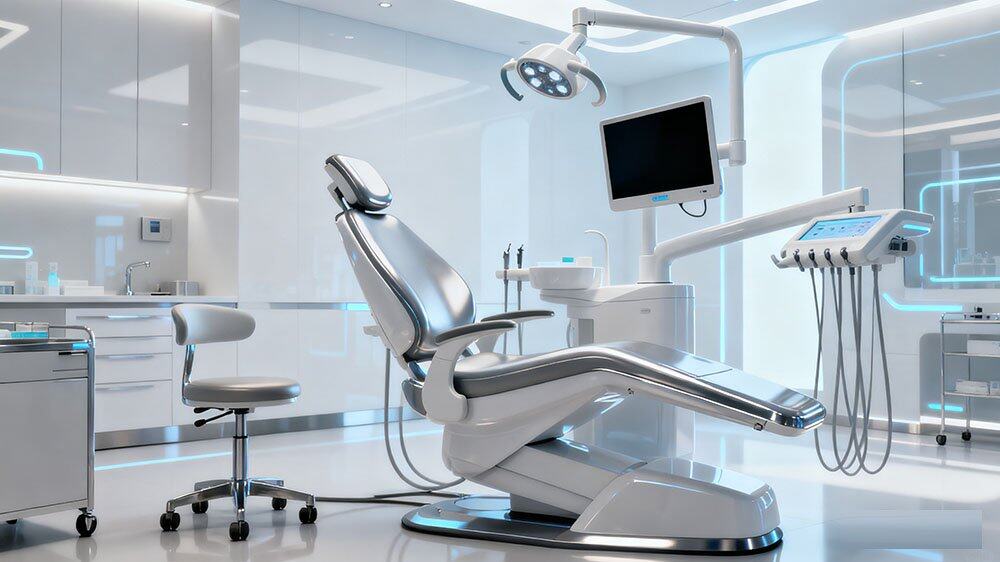  A white modern dental chair with blue upholstery and integrated digital screens in a high-tech dental office.